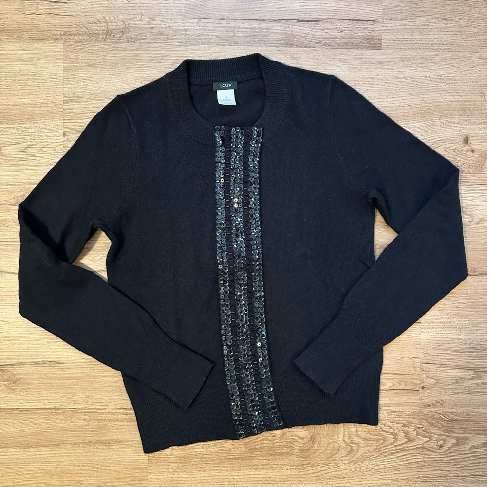 J. Crew Black Wool and Cashmere Zip-Front Cardigan with Sequin Detail Size XS